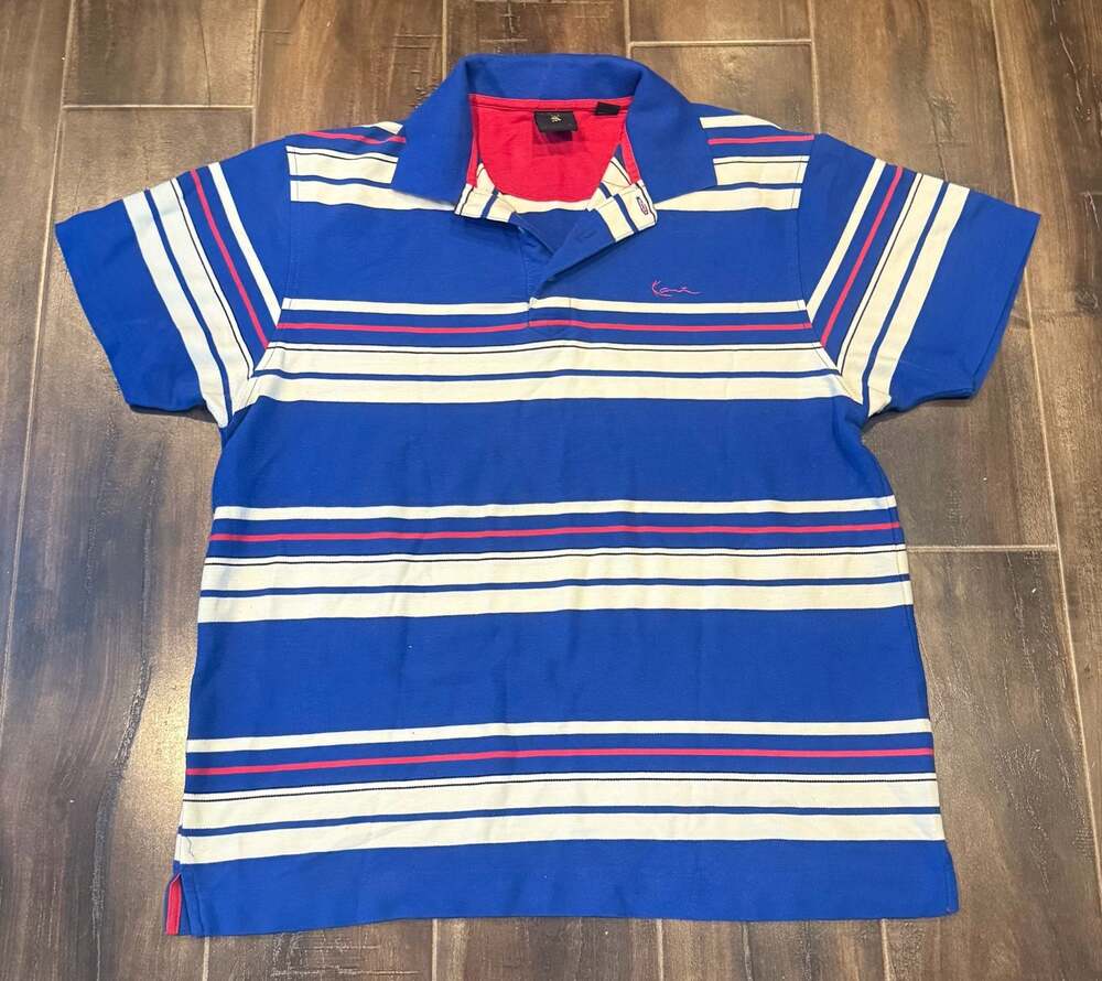 Karl Kani Gold Collection Men's Blue Striped Short Sleeve Polo Shirt